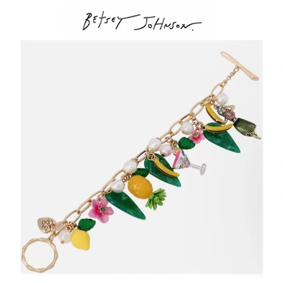 NWT Betsey Johnson💋ISLAND TIME HULA Gold Tone Stone/Faux Pearl Toggle Bracelet - Picture 3 of 9